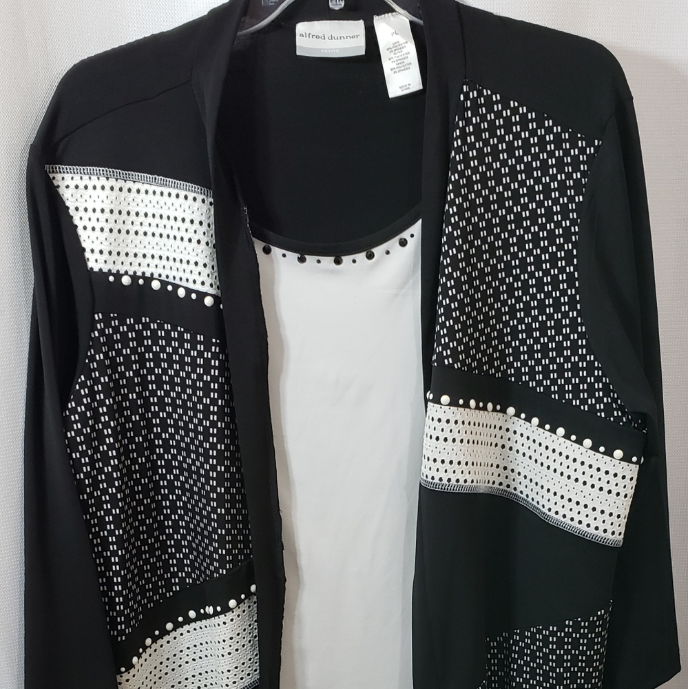 Alfred Dunner Black White Beaded Top Blouse PL